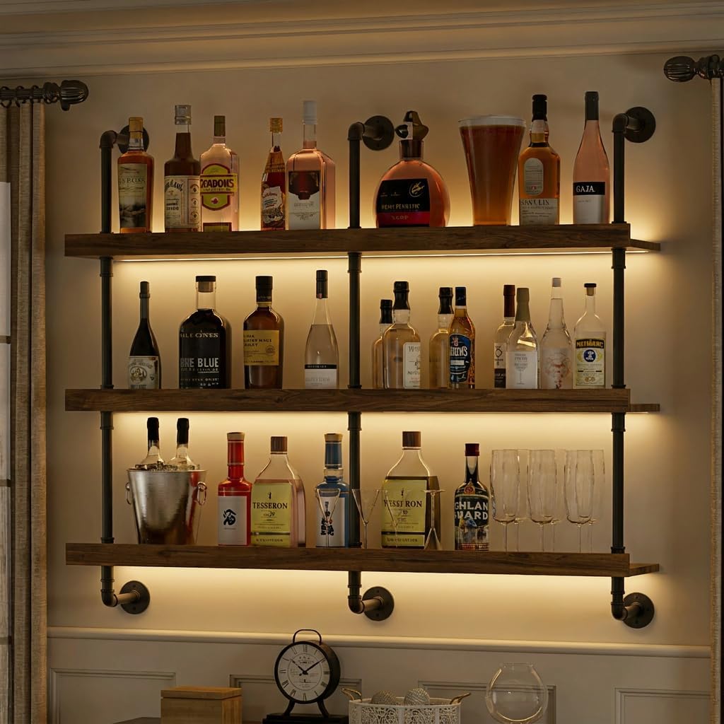 Home Bar Stand - Rak Anggur Dinding dengan Lampu LED,